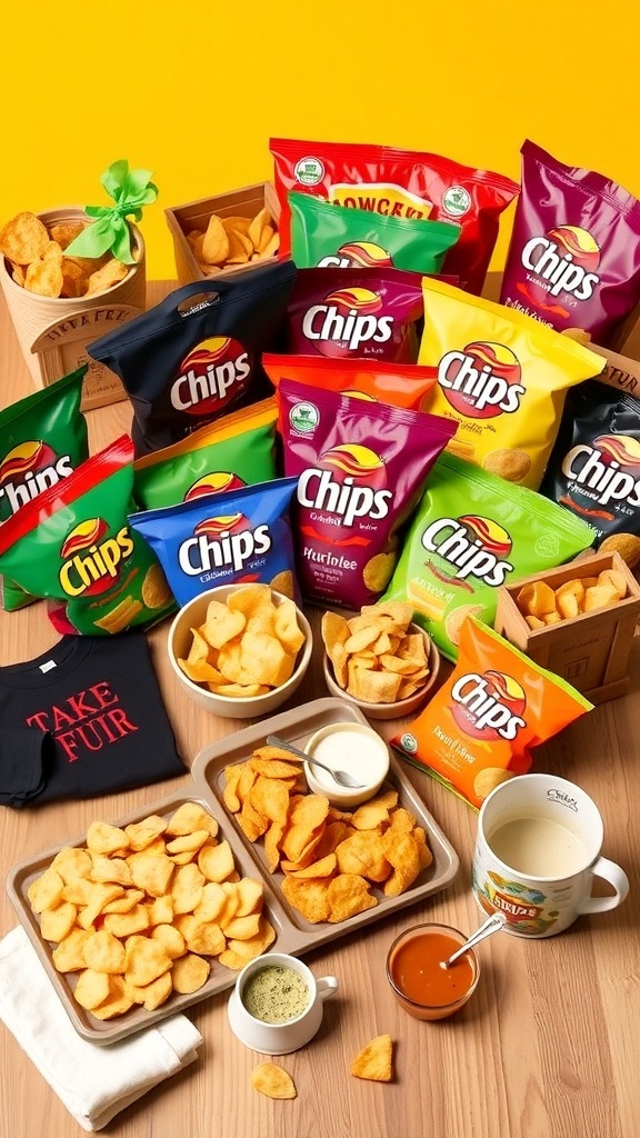 A variety of gourmet chips with dips and chip-themed merchandise on a wooden table.
